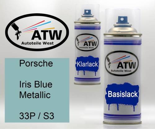 Porsche, Iris Blue Metallic, 33P / S3: 400ml Sprühdose + 400ml Klarlack - Set, von ATW Autoteile West.